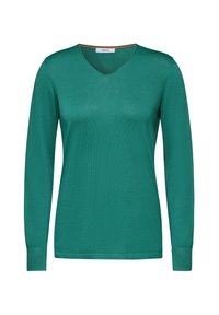 Grünes Langarmoberteil aus strukturiertem Strick mit V-Ausschnitt und eng anliegenden Bündchen. Einfaches Design ohne Muster oder Verzierungen.