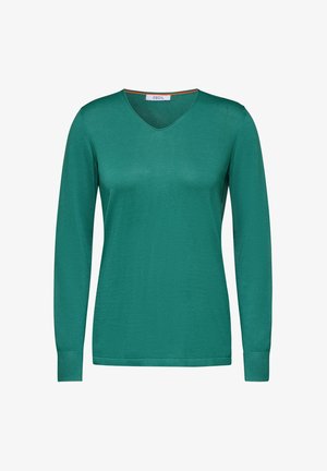Haut vert à manches longues en tricot texturé avec un décolleté en V et des poignets ajustés. Design simple sans motifs ni embellissements.