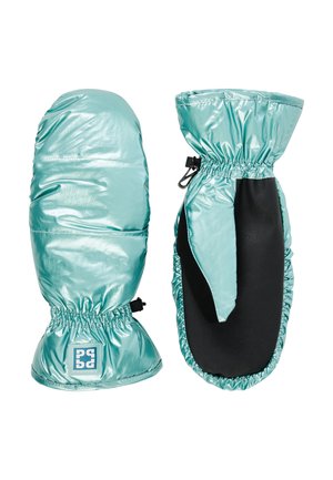 Turquoise geïsoleerde wanten met een glanzende afwerking, zwarte leren accenten, elastische manchetten en een trekkoordsluiting voor een goede pasvorm.