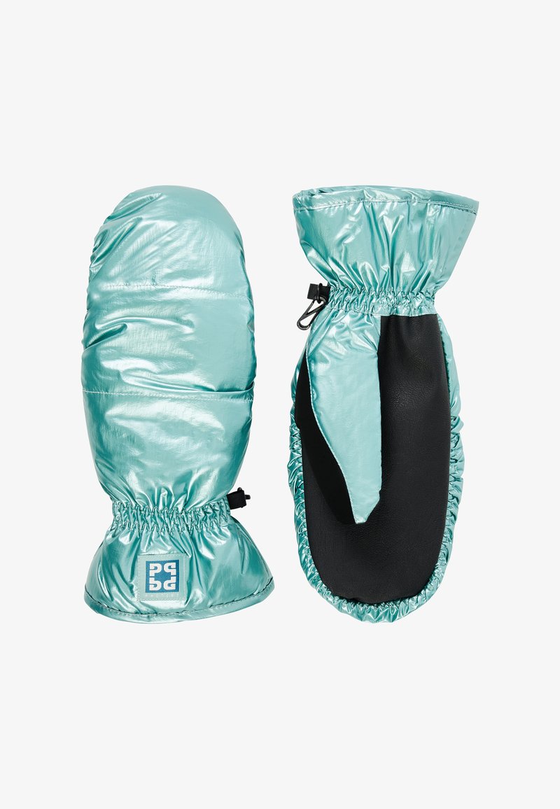 Turquoise geïsoleerde wanten met een glanzende afwerking, zwarte leren accenten, elastische manchetten en een trekkoordsluiting voor een goede pasvorm.