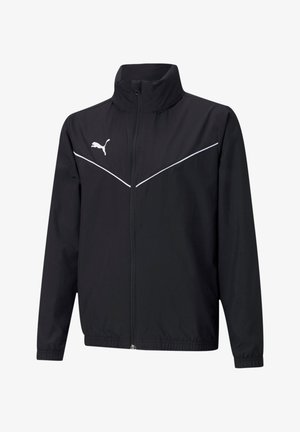 Zwarte lichtgewicht jas met een hoge kraag, voorzien van witte diagonale strepen en een Puma-logo op de borst. Elastische boorden bij de mouwen.