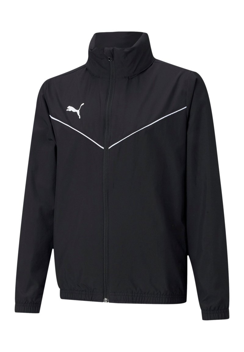Zwarte lichtgewicht jas met een hoge kraag, voorzien van witte diagonale strepen en een Puma-logo op de borst. Elastische boorden bij de mouwen.