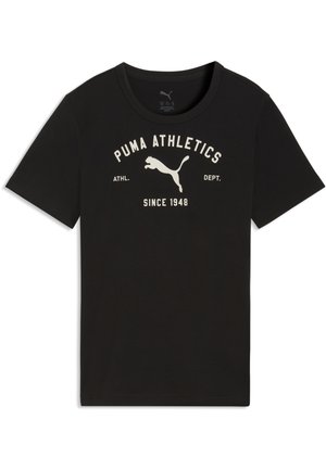 Camiseta Puma Athletics negra de manga corta con logo blanco, gráfico de puma saltando y texto "ATHL. DEPT. DESDE 1948" en el frente.