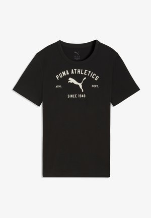 T-shirt noir à manches courtes Puma Athletics avec logo blanc, graphique d'un puma sautant et texte "ATHL. DEPT. SINCE 1948" sur le devant.