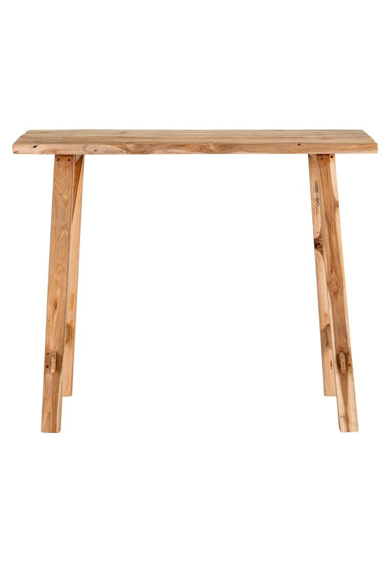 Holzkonsolentisch mit einer glatten rechteckigen Tischplatte und schrägen Beinen, ausgestattet mit einer natürlichen hellbraunen Oberflächenbehandlung und sichtbaren Holzmaserungsdetails.