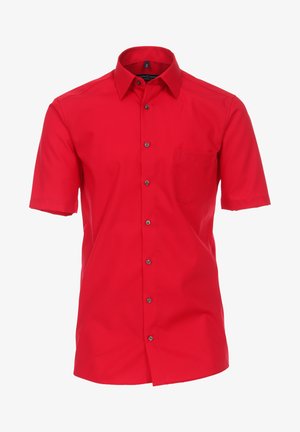 Rotes Kurzarmhemd aus glatter Stoffqualität, mit einem Button-Down-Kragen, Vorderknöpfen und einer Brusttasche auf der linken Seite.