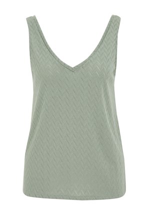 Débardeur vert clair avec un décolleté en V, motif hachuré texturé, et larges bretelles, offrant une coupe décontractée.