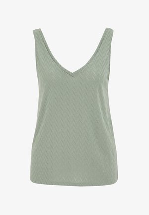 Šviesiai žalia nesimatoma viršutinė dalis su V formos iškirpte, tekstūrinis žvejo raštas ir plačios petnešos, pasižyminti laisvu siluetu.