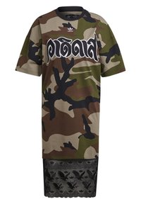 Camouflage print short-sleeve dress with large stylized text on chest and black lace hem featuring eagle and floral patterns.