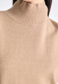 Pull à col roulé beige avec un col côtelé, une texture douce et une coupe décontractée. Le tissu semble chaud et lisse.