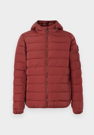 Red puffer jacket with a hood, featuring horizontal quilted design, front zipper closure, elasticated cuffs, and hem. Smooth finish.