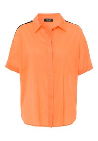 Korte mouw knoopshirt in feloranje, met een relaxte pasvorm, voorzien van zwarte accenten op de schouders en een verticale naaddetail.