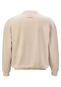 Sudadera beige de corte relajado, con puños y dobladillo acanalados. Presenta un pequeño logotipo rojo impreso en la parte superior de la espalda. Material de algodón suave.