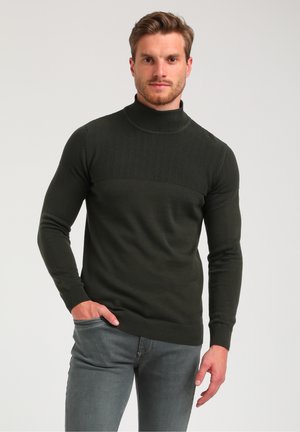 Dunkelgrüner Rollkragenpullover aus strukturiertem Strickstoff mit glattem Körperbereich, versehen mit gerippten Bündchen und Saum.
