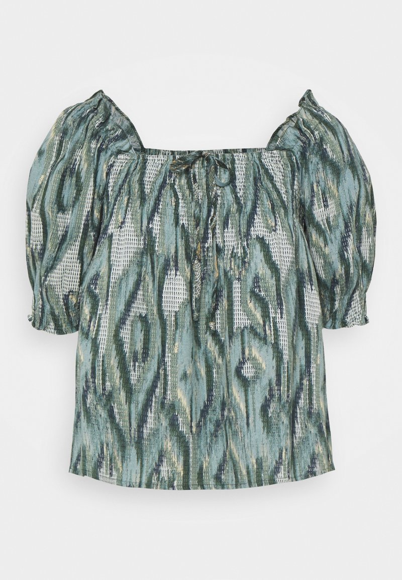 Blouse à motifs avec manches bouffantes, dotée d'un col carré et d'un détail noué à l'avant. Couleurs comprenant le sarcelle, le vert et le crème.