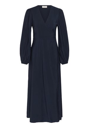 Midi-jurk in marineblauw met lange mouwen, een V-hals, geplooide pofmouwen, een getailleerde taille en een vloeiende rok.