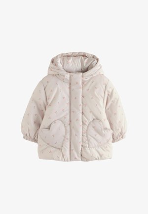Chaqueta acolchada con capucha en rosa claro con estampado de cerezas, con bolsillos en forma de corazón, puños elásticos y cremallera frontal.