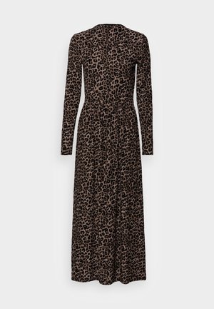 Langärmliges Kleid mit Leopardenmuster in Dunkelbraun und Beige, Taillenknoten-Detail, bodenlang, dehnbarem Stoff, lockere Passform.