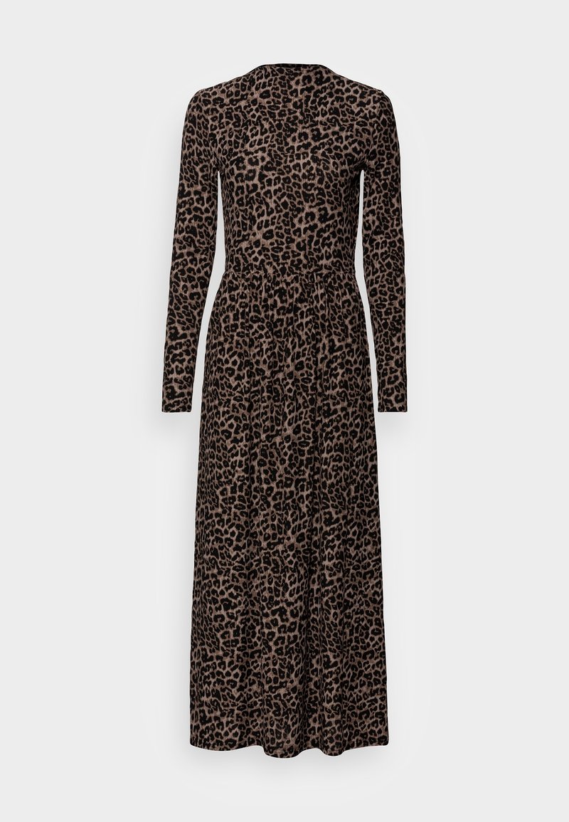 Robe longue à manches longues en imprimé léopard marron foncé et beige, avec un détail de ceinture à la taille, en tissu extensible, coupe décontractée.