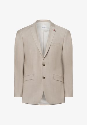 Beige Blazer mit strukturiertem Finish, zwei Knöpfen und einer Brusttasche. Mit einem kleinen roten Pin und Seitentaschen ausgestattet. Gefüttertes Innenleben.