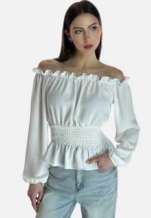 Weiße Off-Shoulder-Bluse mit gerafftem Ausschnitt, langen Ärmeln und einem gesmokten Taillenbereich. Weicher Stoff mit einem schwingenden Peplum-Saum.