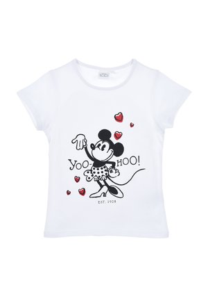 Weiße Baumwoll-T-Shirt mit einem bedruckten Design eines Cartoon-Charakters, gepunktetem Kleid und roten Herzen. Darunter steht der Text "YOO-HOO!".