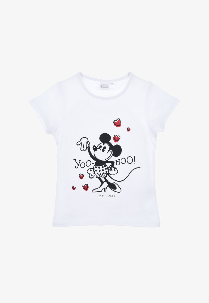 White cotton t-shirt featuring a printed design of a cartoon character, polka dot dress, and red hearts. Text reads "YOO-HOO!" below.