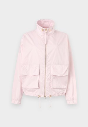 Veste zippée rose clair avec col montant, deux grandes poches à rabat sur le devant, poignets élastiques et cordons ajustables à l'ourlet.