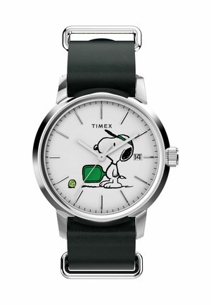 Round silver Timex watch with black leather strap featuring Snoopy holding a green tennis racket and green ball on the white dial.