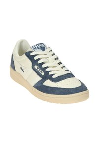 Gola sneakers featuring a cream leather upper with dark blue suede accents, round toe, white laces, and beige rubber sole.
