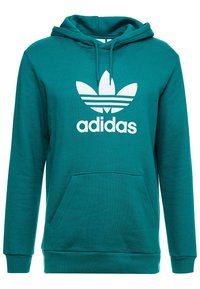 Teal Adidas-hoodie med vit trefoil-logotyp och varumärkesnamn, framficka och dragsko på huven.