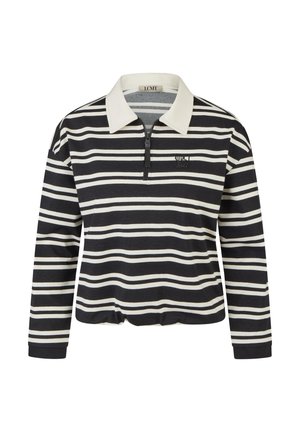 Schwarz-weiß horizontal gestreiftes Langarmshirt mit weißem Kragen und Frontreißverschluss, mit kleinem Brustlogo-Patch.