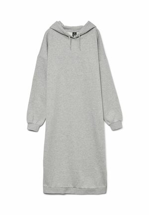 Robe sweatshirt grise en tissu doux, dotée d'une capuche, de manches longues avec des poignets et d'une coupe décontractée. L'ourlet se situe au-dessus du genou.