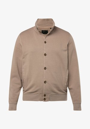 Beige jas met een staande kraag, sluiting met knopen aan de voorkant en twee zijzakken. Gemaakt van een gladde stof, heeft ribbels aan de mouwen en de onderkant.