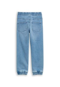 Jasnoniebieskie spodnie dżinsowe z elastycznym pasem i marszczonymi mankietami. Posiadają dwie tylne kieszenie z ozdobnym przeszyciem. Gładka faktura.