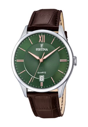 Reloj de pulsera Festina para hombre con esfera texturizada verde, números romanos y agujas en oro rosa, indicador de fecha, caja plateada y correa de cuero marrón.