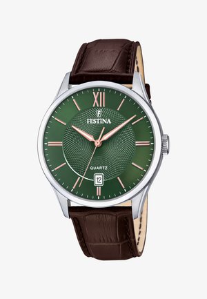Montre-bracelet Festina pour homme avec cadran vert texturé, chiffres romains et aiguilles en or rose, affichage de la date, boîtier argenté et bracelet en cuir marron.