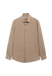 Vaaleanbeige pitkähihainen paita, joka on valmistettu sileästä kankaasta. Paidan varusteina on tavallinen kaulus, napitus edessä ja nappihihansuut.