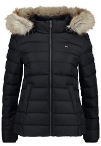 Black puffer jacket with a zip front, horizontal quilted design, and a detachable beige fur hood. Features side pockets.
