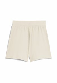 Șorturi ribbate de culoare bej deschis, cu un talie elastică. Materialul are o textură moale și se oprește ușor deasupra genunchiului, având o croială lejeră.