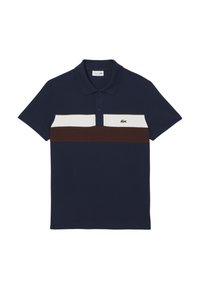 Granatowa koszulka polo z poziomym paskiem w kolorze białym i brązowym, z zapięciem na dwa guziki oraz zielonym haftowanym logo na lewej piersi. Materiał bawełniany.