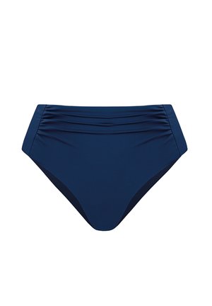 Granatowe majtki od bikini z wysokim stanem i marszczeniem wzdłuż pasa, wykonane z prążkowanej tkaniny.