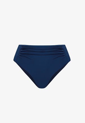 Granatowe majtki od bikini z wysokim stanem i marszczeniem wzdłuż pasa, wykonane z prążkowanej tkaniny.