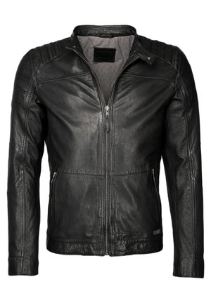Czarna skórzana kurtka z zamkiem z przodu, prążkowanymi akcentami na ramionach i dwoma bocznymi kieszeniami; gładka tekstura i dopasowany krój.