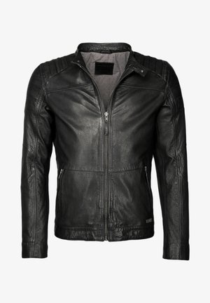 Czarna skórzana kurtka z zamkiem z przodu, prążkowanymi akcentami na ramionach i dwoma bocznymi kieszeniami; gładka tekstura i dopasowany krój.