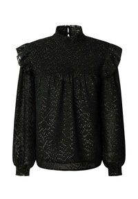 Blusa nera con colletto alto, corpino arricciato e spalle voluminose. Tessuto strutturato con motivi sottili e maniche lunghe.