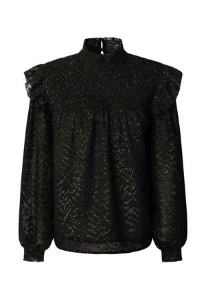 Zwarte blouse met hoge hals, gerimpelde lijf en ruches op de schouders. Gelaagde stof met subtiele patronen en lange mouwen.
