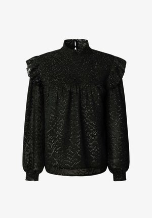 Blusa nera con colletto alto, corpino arricciato e spalle voluminose. Tessuto strutturato con motivi sottili e maniche lunghe.