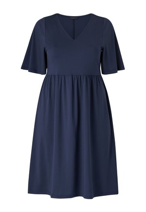 Marineblå kjole med V-hals, korte udvidede ærmer og en samlet nederdel. Lavet af blødt, strækbart stof.