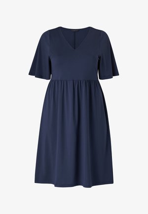 Navy blue dress with a V-neck, short flared sleeves, and a gathered skirt. Made of soft, stretchy fabric.